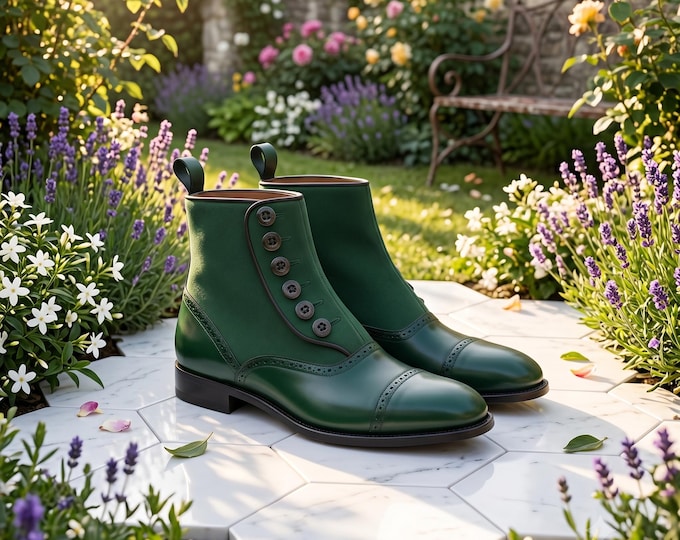 Handmade Green Leather Button Boots: Victorian Style Ankle Boots