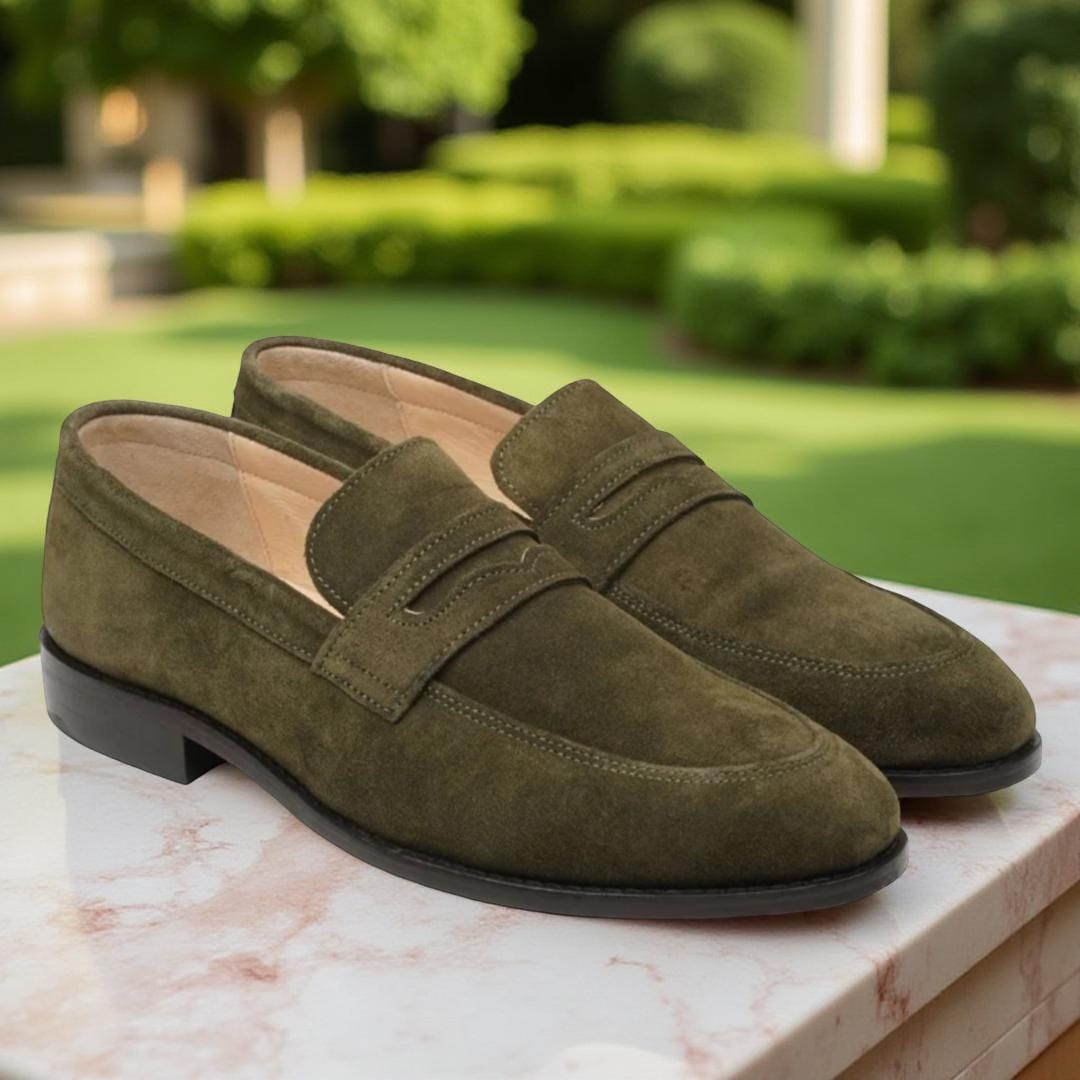 Olive Green Suede Penny Loafers: Handmade Italian Style Slip-Ons