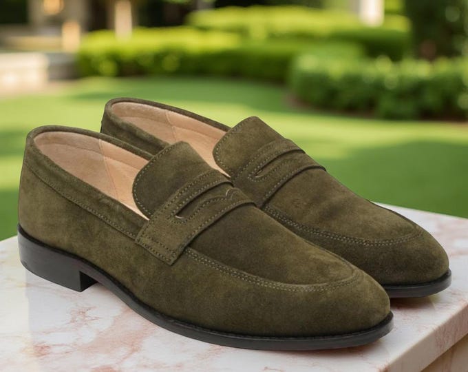 Olive Green Suede Penny Loafers: Handmade Italian Style Slip-Ons