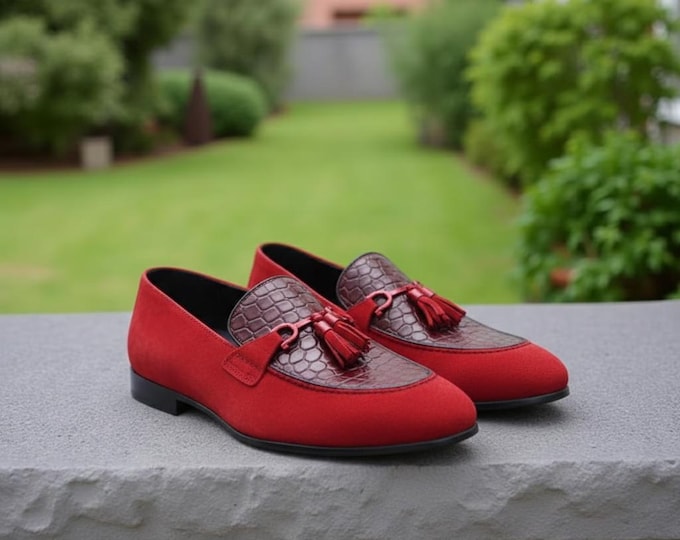 Handmade Red Suede Leather Loafers: Crocodile Pattern Tassel Dress Shoes