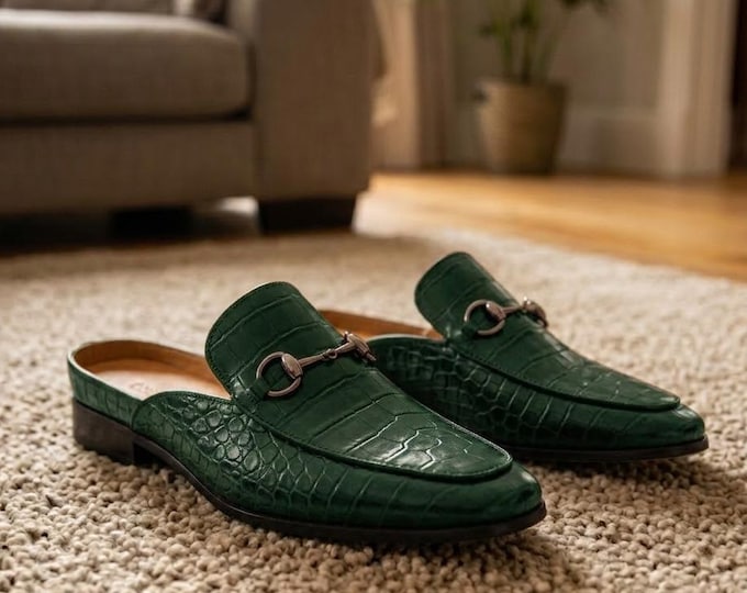 Handmade Green Crocodile Embossed Leather Mule Loafers, Backless Slip On Shoes