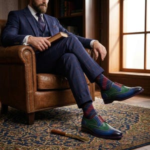 Op de afbeelding: Tweekleurige blauwe en groene leren herenschoenen met rode veters. De schoenen hebben een wingtip-ontwerp en worden gedragen met sokken met patronen. De schoenen staan op een vloerkleed met patronen.