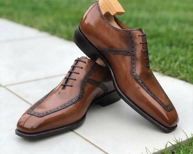 Men's Brown Leather Oxford Shoes, Handmade Cap Toe Dress Shoes, Wingtip Brogue Business Formal Footwear, Custom Leather Shoes