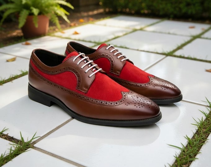Handmade Two Tone Brown Leather Red Suede Wingtip Brogue Oxford Shoes