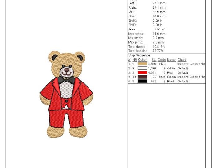 Red Bear Embroidery Design: Teddy Bear in Tuxedo (Digital Download)