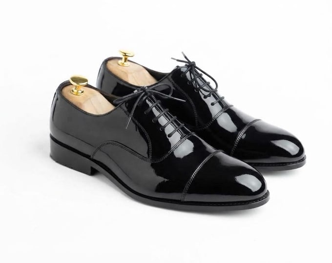 Men’s Black Patent Leather Oxford Shoes, Handmade Formal Dress Shoes, Cap Toe Lace Up Wedding Shoes, Classic Business Shoes