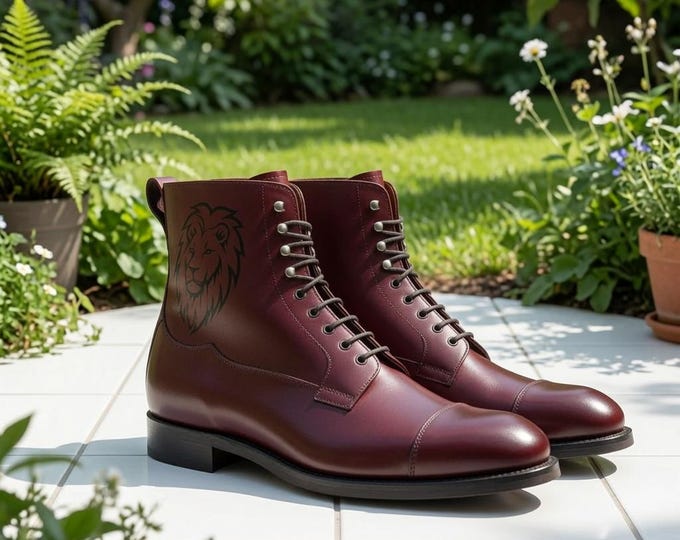 Handmade Embroidered Lion Leather Boots: Red Cap Toe Ankle Boots