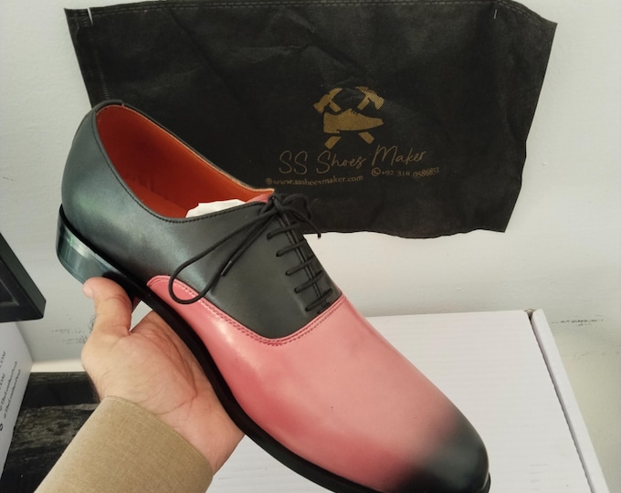 Handmade Pink Black Leather Oxford Shoes – Two Tone Dress Formal Footwear