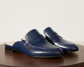 Handmade Blue Leather Mules, Men's Italian Loafers