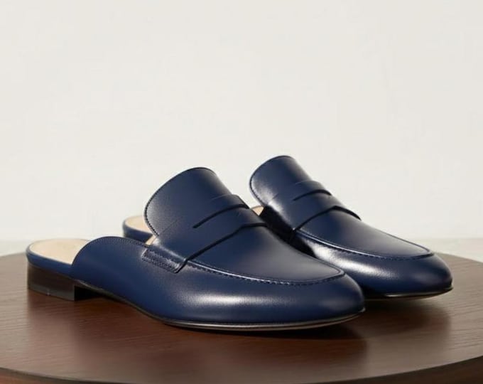 Handmade Blue Leather Mules, Men's Italian Loafers
