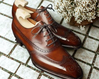 Handmade Brown Oxford Brogue Shoes – Premium Leather Men’s Dress Shoes, Wingtip Formal Footwear for Wedding & Business