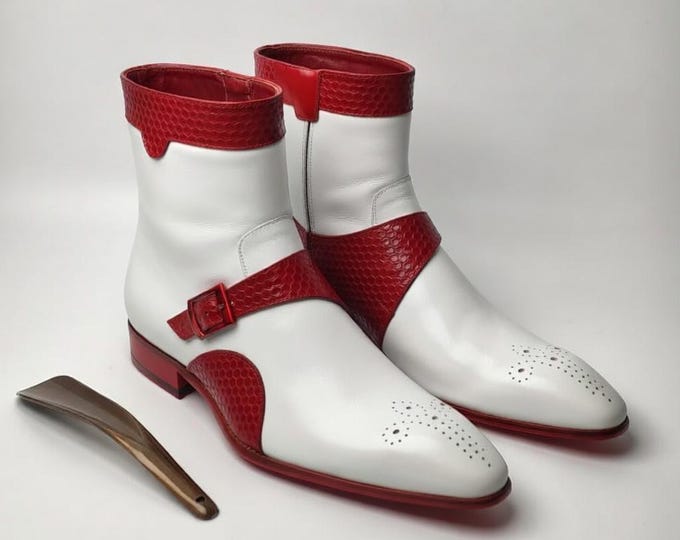 Men's White Red Leather Monk Strap Ankle Boots, Two-Tone Luxury Dress Footwear