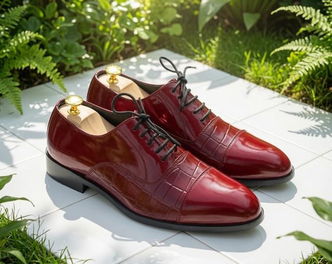 Handmade Red Patent Leather Oxford Dress Shoes: Crocodile Embossed Wedding Shoes