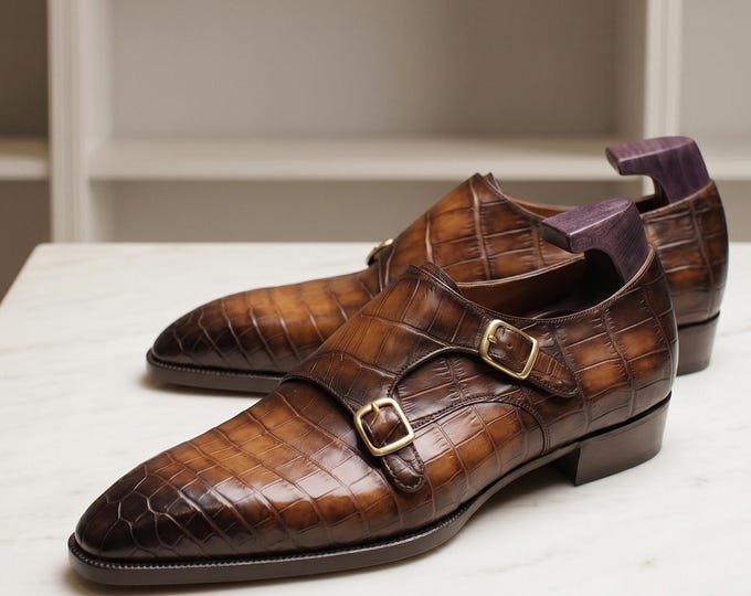 Men's Brown Crocodile Embossed Leather Double Monk Strap Shoes | Pointed Toe Dress Loafers