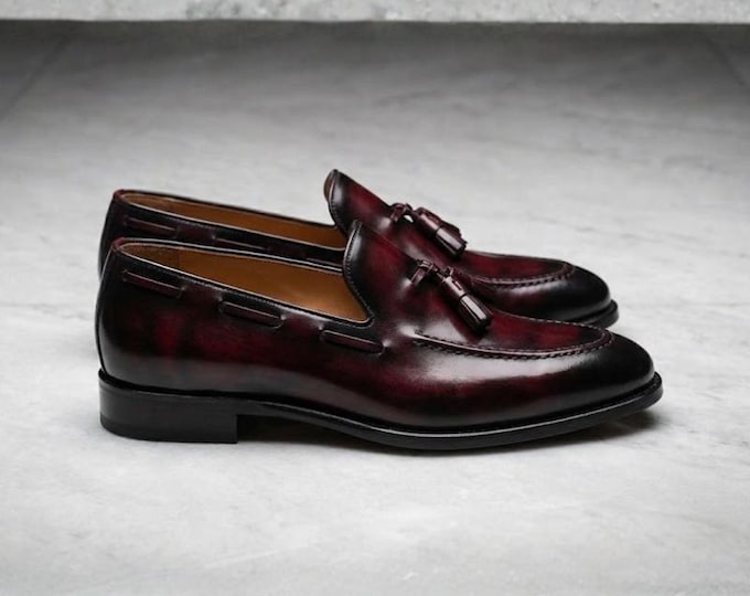 Handmade Burgundy Patina Leather Tassel Loafers, Italian Style