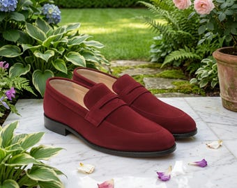Red Suede Penny Loafers: Handmade Italian Style Slip-Ons