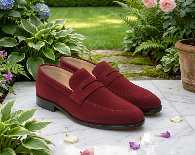 Red Suede Penny Loafers: Handmade Italian Style Slip-Ons