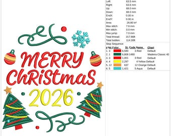 Merry Christmas 2026 Embroidery Design | Holiday Ornament Stitch File (dst, pes, exp, emb)