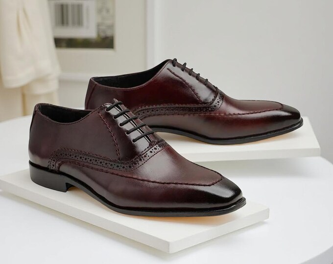 Handmade Burgundy Leather Oxford Dress Shoes: Brogue Wedding Footwear