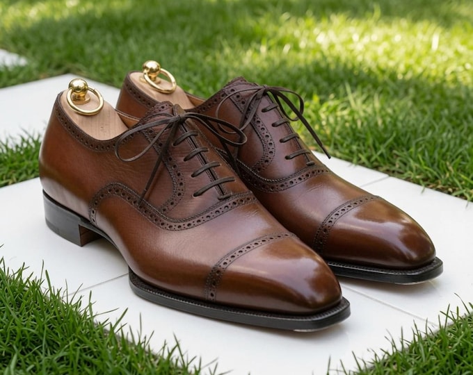 Handmade Brown Leather Oxford Brogue Shoes: Cap Toe Formal Footwear