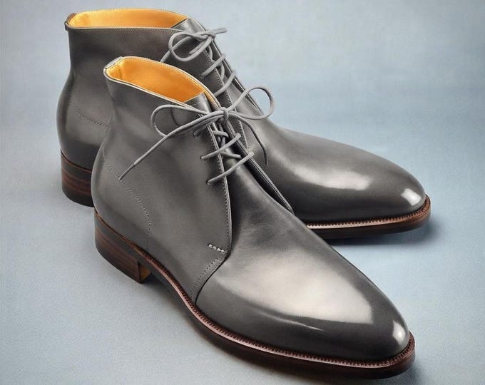 Handmade Metallic Silver Leather Ankle Boots, Pointed Toe Chelsea Style, Custom Formal Shoes
