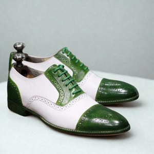 Two-Tone Green & White Leather Oxford Brogues: Handmade Wingtip Shoes