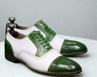 Two-Tone Green & White Oxford Brogues | Handmade Leather Wingtip Shoes for Men | Custom Wedding Formal Shoes | SS Shoemaker
