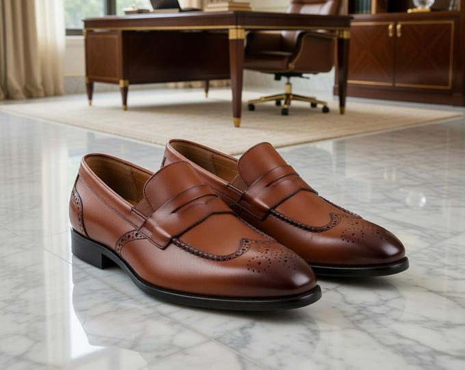 Handmade Brown Leather Penny Loafers, Classic Brogue Slip-On Dress Shoes