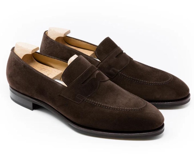 Handmade Brown Suede Penny Loafers: Italian Leather Slip-On Dress Shoes