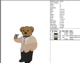 Tuxedo Bear Embroidery Design 03: Martini Bear Pattern (PDF, EMB, DST)