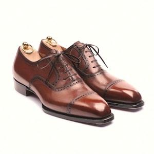 Handmade Brown Leather Oxford Brogue Shoes: Cap Toe Formal Footwear