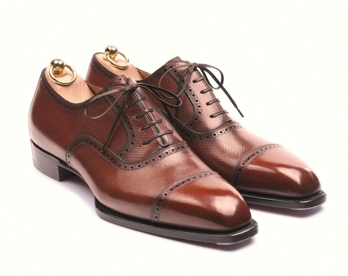 Handmade Brown Oxford Brogue Shoes for Men | Classic Cap Toe Dress Shoes | Formal Leather Lace-Up Wedding & Office Footwear