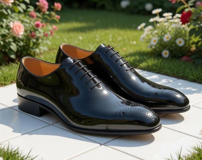 Handmade Black Patent Leather Oxford Shoes, Men's Formal Brogue Dress Shoes