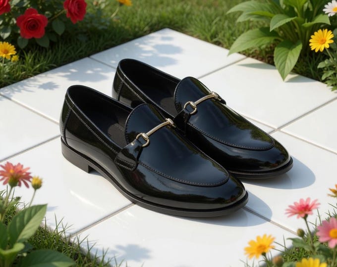 Men's Black Patent Leather Loafers, Handmade Horsebit Dress Shoes, Formal Slip-On Footwear