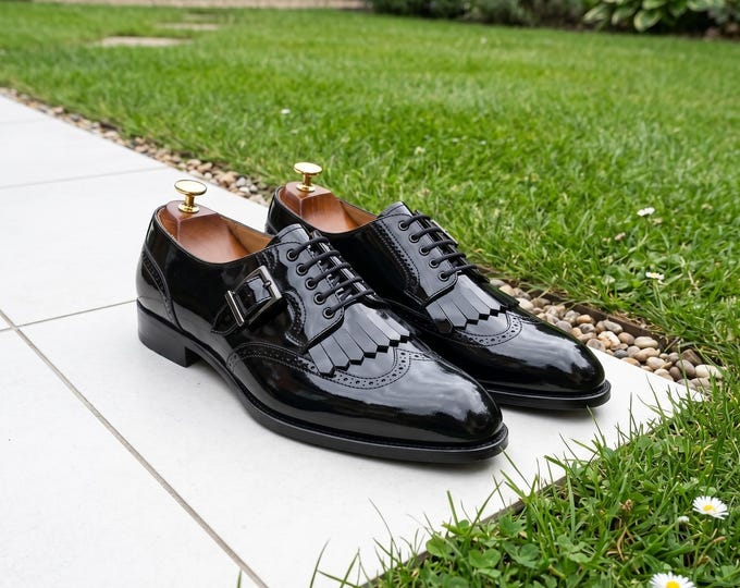 Black Patent Leather Wingtip Brogues with Kiltie Monk Strap