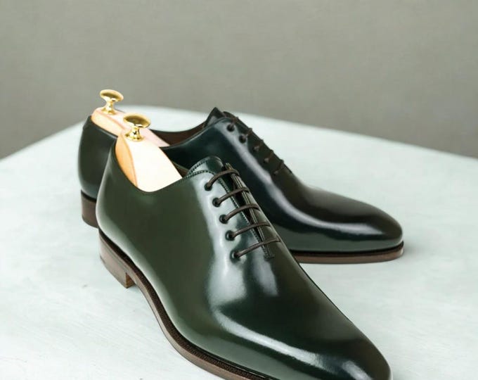 Handmade Green Leather Oxford Shoes: Wholecut Dress Shoes