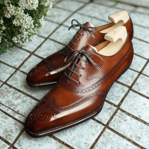 Handmade Brown Leather Oxford Brogue Shoes: Wingtip Dress Shoes