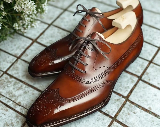 Handmade Brown Leather Oxford Brogue Shoes: Wingtip Dress Shoes