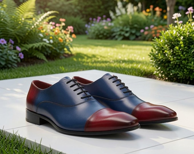 Handmade Two-Tone Leather Oxford Shoes, Blue Burgundy Cap Toe