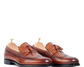 Handcrafted Brown Leather Tassel Loafers for Men | Luxury Italian-Style Slip-On Dress Shoes