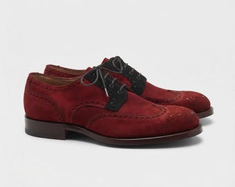 Red Black Leather Derby Shoes, Men’s Wingtip Brogues, Handmade Dress Shoes, Two Tone Oxford Shoes, Leather Formal Shoes, Custom Footwear