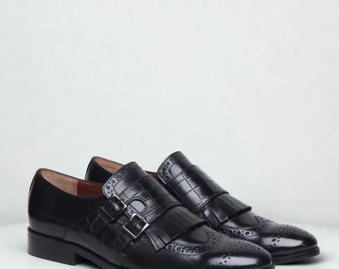 Handmade Black Leather Double Monk Strap Shoes: Brogue Wingtip Loafers