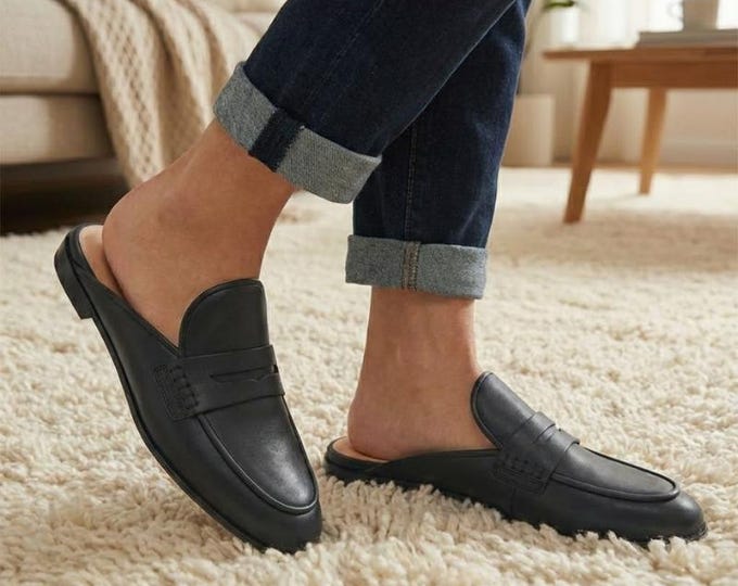 Men's Black Leather Mules – Handmade Minimalist Slip-On Loafers, Dress Slides
