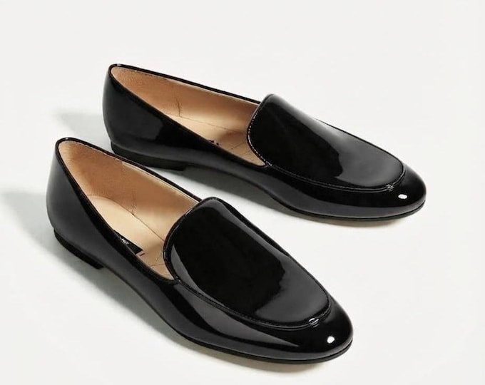 Black Patent Leather Loafers for Women, Elegant Slip On Shoes, Classic Tassel Flats, Dressy Office Shoes, Handmade Leather Shoes