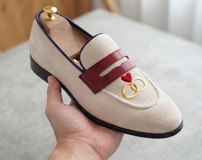 Handmade Suede Loafers for Men, Embroidered Wedding Shoes, Custom Penny Loafers, Ivory Cream Dress Shoes, Groom Gift, Custom Shoes
