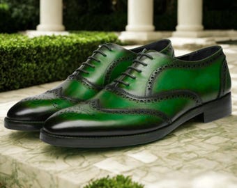 Handgemaakte groene leren Oxford brogueschoenen – Maatwerk geklede schoenen
