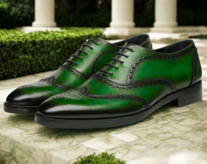Handmade Green Leather Oxford Brogue Shoes – Custom Dress Footwear