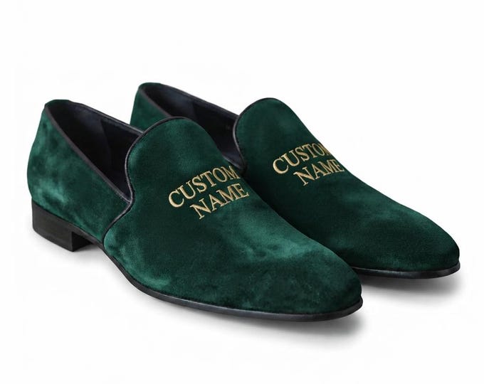 Personalized Green Velvet Loafers for Men, Custom Embroidered Dress Shoes, Emerald Green Slip On Shoes, Wedding Groom Shoes, Luxury Loafers