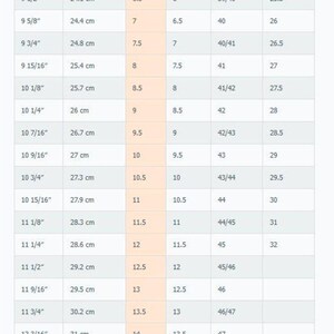 May include: A shoe size conversion chart for men, displaying length in inches and centimeters, along with corresponding US, UK, European, and Japanese sizes. The chart includes sizes from 6 to 17, with measurements up to 13 inches (33 cm).