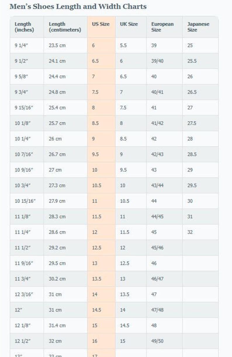 May include: A shoe size conversion chart for men, displaying length in inches and centimeters, along with corresponding US, UK, European, and Japanese sizes. The chart includes sizes from 6 to 17, with measurements up to 13 inches (33 cm).